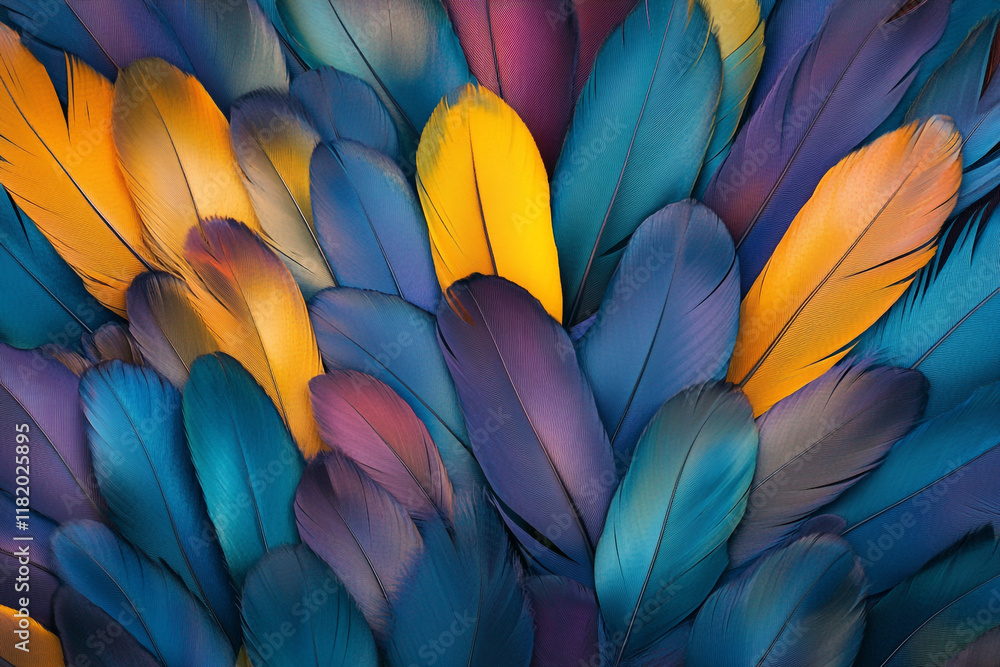 Fototapete a colorful pile of feathers, each one unique in shape and color, creating an intricate pattern that 
