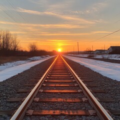 Fototapeta premium A high-angle shot of railway tracks at sunrise, symbolizing journeys and progress. Perfect for travel, transportation, and inspirational-themed projects