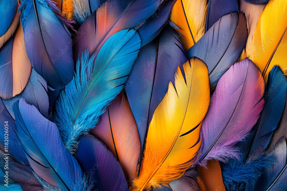 Fototapete a colorful pile of feathers, each one unique in shape and color, creating an intricate pattern that 