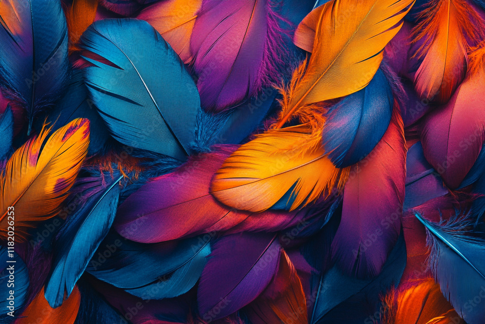 Fototapete a colorful pile of feathers, each one unique in shape and color, creating an intricate pattern that 