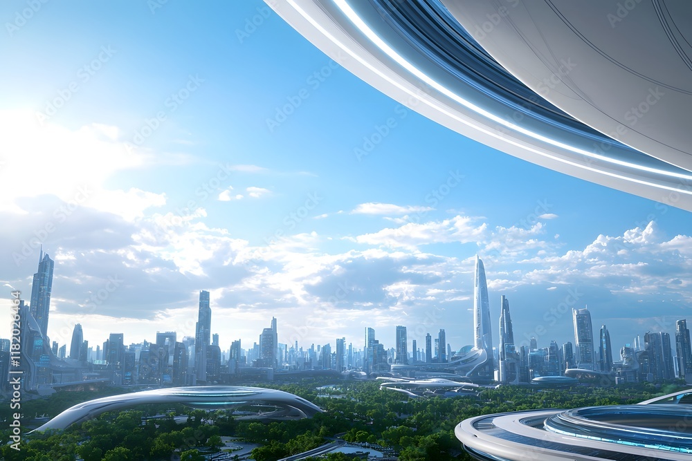 Poster expansive futuristic megacity with soaring arcologies and hovering transport systems
