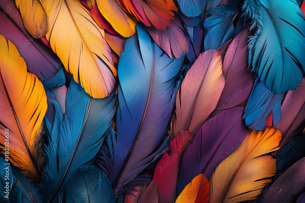 Fototapete a colorful pile of feathers, each one unique in shape and color, creating an intricate pattern that 