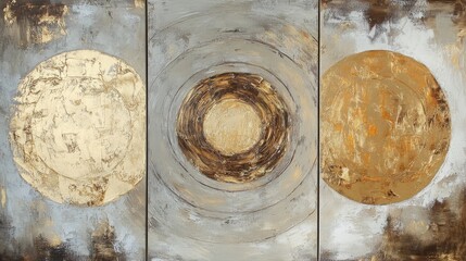 Beige, brown, and gold acrylic painting; textured triptych for interior design