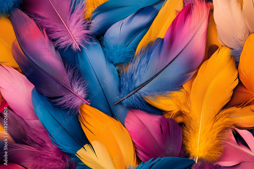 Fototapete a colorful pile of feathers, each one unique in shape and color, creating an intricate pattern that 