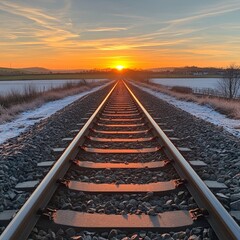 Fototapeta premium A high-angle shot of railway tracks at sunrise, symbolizing journeys and progress. Perfect for travel, transportation, and inspirational-themed projects