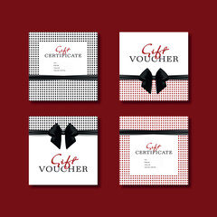 Gift card template with realistic red bow. Certificate, coupon, flyer design. Discount card for shop or boutique. Vector illustration