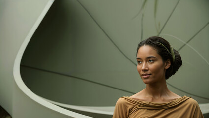 Woman in elegant attire with abstract architectural green background.