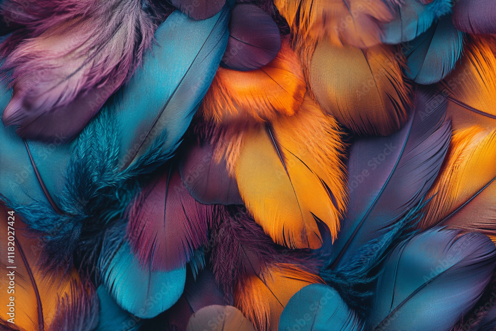 Fototapete a colorful pile of feathers, each one unique in shape and color, creating an intricate pattern that 