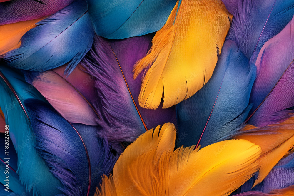 Fototapete a colorful pile of feathers, each one unique in shape and color, creating an intricate pattern that 