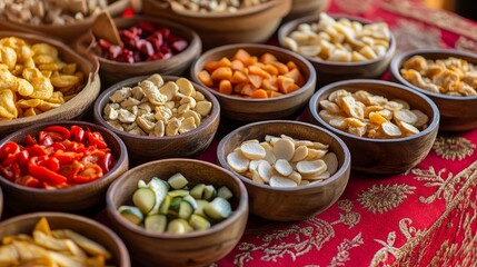 Wooden dishes filled with snacks are elegantly arranged on a red embroidered tablecloth, showcasing a vibrant display of snacks in charming wooden dishes on a beautiful backdrop.