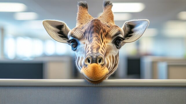 In a vibrant office setting, a giraffe in formal attire peers over a cubicle wall, merging the playful essence of wildlife with the seriousness of corporate culture, evoking laughter