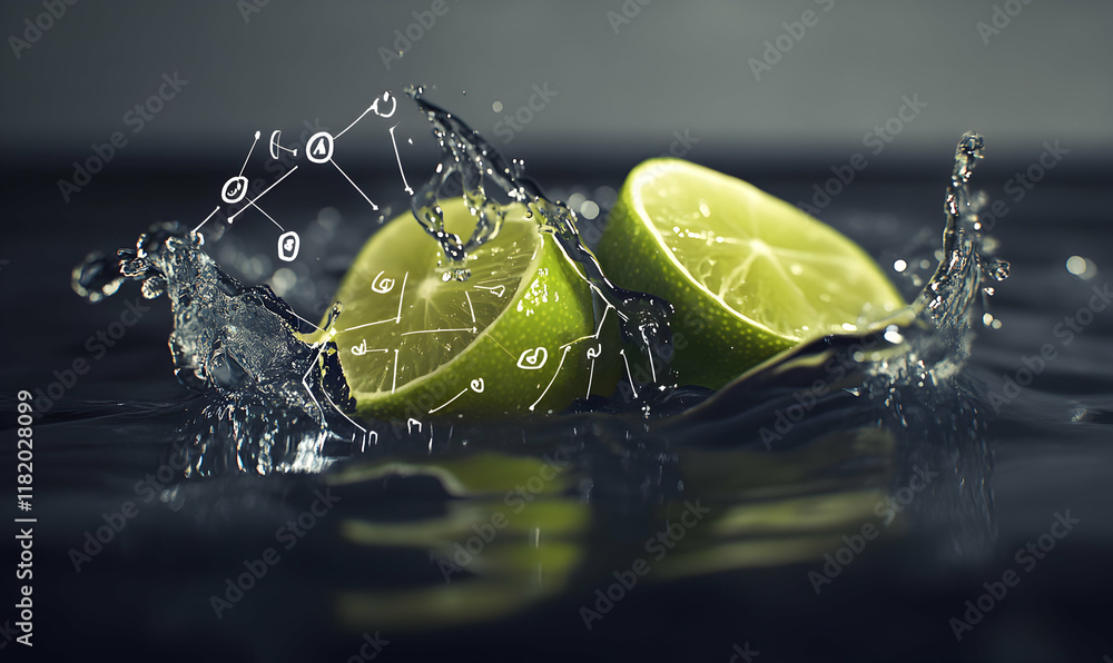 Poster two lime halves splashing into water, abstract network design overlaid. perfect for concepts of refr