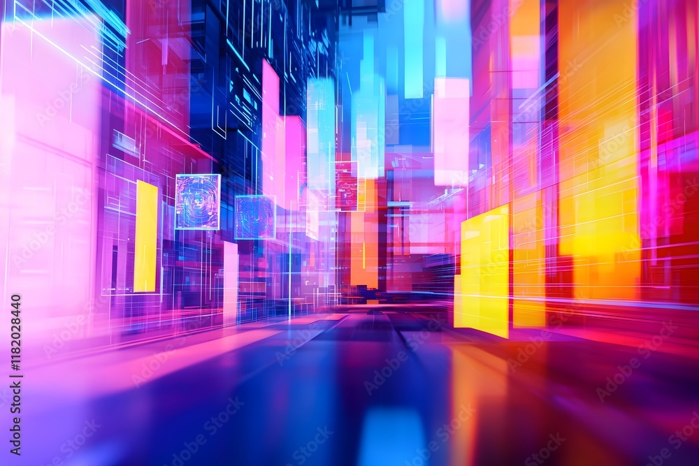 Poster stylized cubist interpretation of a dynamic futuristic cityscape with angular geometric forms and ho