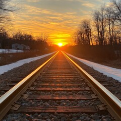 Fototapeta premium A high-angle shot of railway tracks at sunrise, symbolizing journeys and progress. Perfect for travel, transportation, and inspirational-themed projects