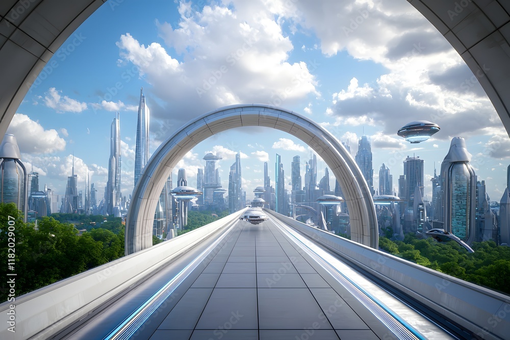 Poster expansive futuristic megacity with soaring arcologies and hovering transport systems