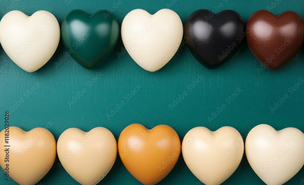 Poster 3d rendera row of colorful heart-shaped chocolates arranged neatly on a teal background, showcasing 