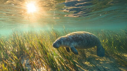 Fototapeta premium Amidst a lush underwater landscape, a gentle manatee gracefully grazes on vibrant seagrass as sunlight filters through the water, creating a serene atmosphere