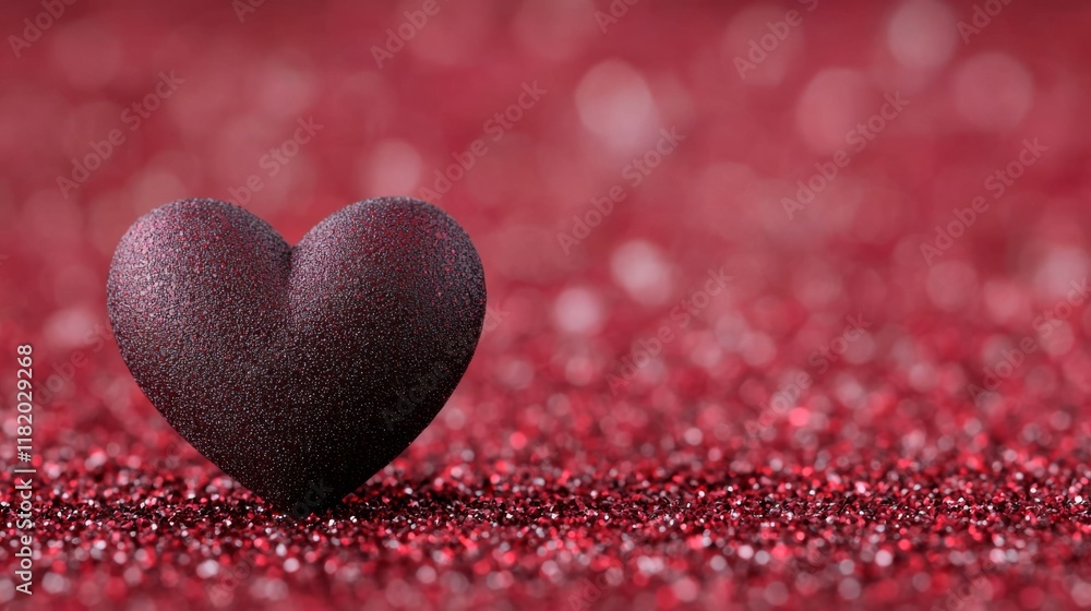 Poster a close-up of a textured heart-shaped object resting on a sparkling red background, evoking feelings