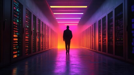 A silhouetted figure walks through a vibrant, illuminated corridor of data servers, creating a striking contrast between light and shadow.