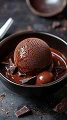 Scoop of chocolate ice cream with pieces of chocolate