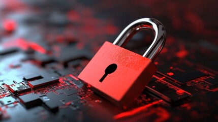 A red padlock rests on a digital background, symbolizing security and protection in a technology-driven environment.