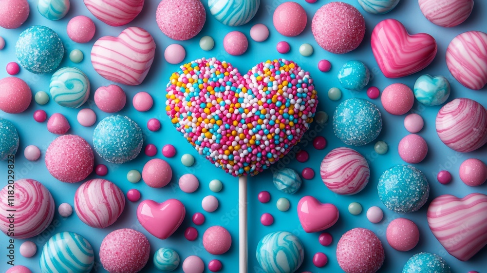 Poster 3d rendera vibrant array of colorful candies and sweets arranged around a heart-shaped lollipop on a