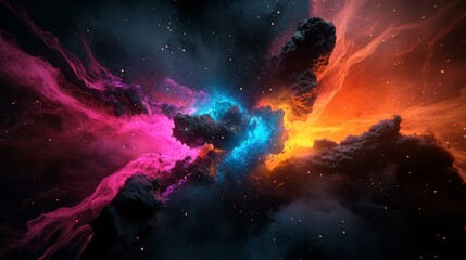 A stunning cosmic scene featuring vibrant colors of pink, blue, and orange against a dark backdrop, resembling a nebula in deep space.