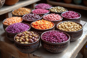 A vibrant array of pickled vegetables and olives in rustic bowls displayed at a market