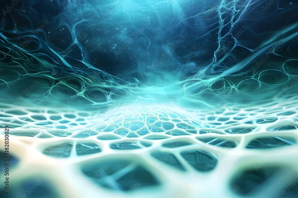 Poster conceptual rendering of hypothetical post human urban landscape with organic fractal like forms and 