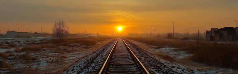 Fototapeta premium A high-angle shot of railway tracks at sunrise, symbolizing journeys and progress. Perfect for travel, transportation, and inspirational-themed projects