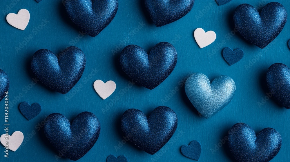 Poster a flat lay of textured hearts in various shades of blue and white on a teal background, creating a v