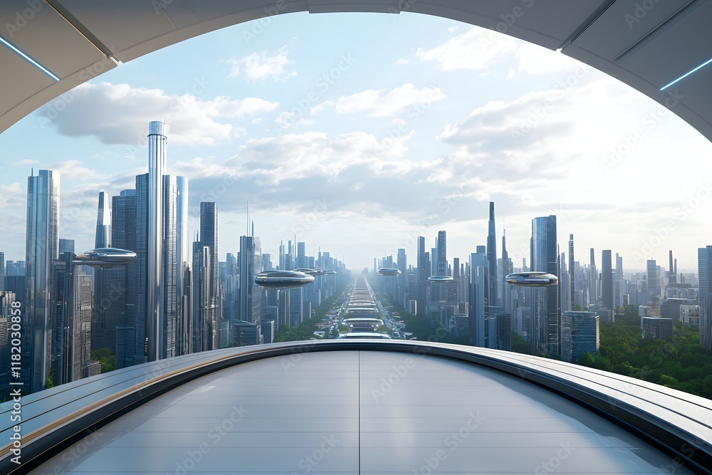 Poster expansive futuristic megacity with soaring arcologies and hovering transport systems
