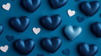 A flat lay of textured hearts in various shades of blue and white on a teal background, creating a visually appealing pattern.