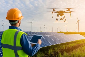 Drone Surveying Solar Panel Farm and Wind Turbines for Renewable Energy Technology Maintenance and Inspection