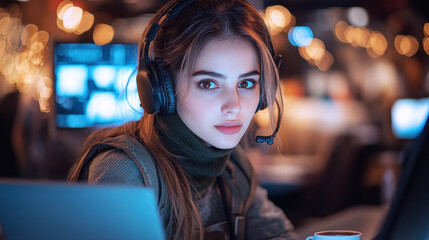Fototapeta premium Pakistani woman in military uniform and headset working with a laptop at control room