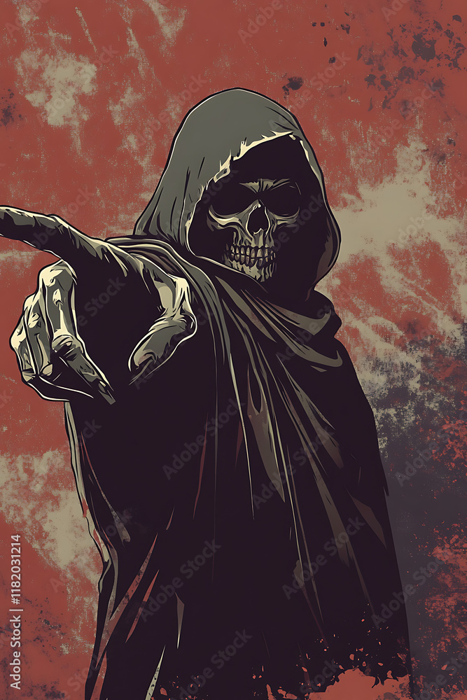 Poster a skeletal figure in a hooded cloak points ominously against a textured red background.