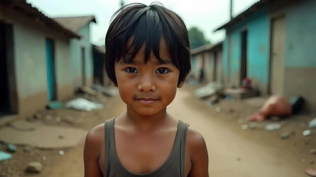 A young Hispanic boy  wearing a dirty tank top, in a slum area highlighted social inequality