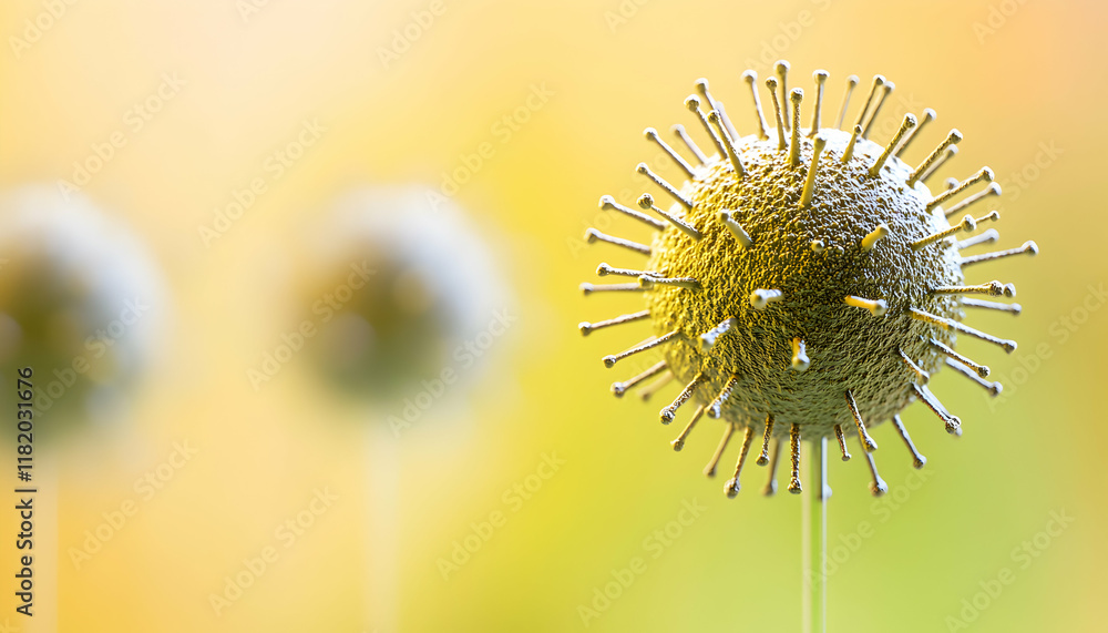 Poster microscopic view of a virus, emphasizing its detailed structure and texture against a blurred, paste