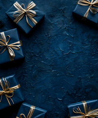 Gifts wrapped in blue paper with silver ribbons on a dark blue textured background. A ready-made background for card design.

