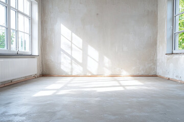 Obraz premium bright, minimalist loft workspace with smooth plaster walls and large windows. sunlight casts beautiful shadows on floor, creating serene atmosphere
