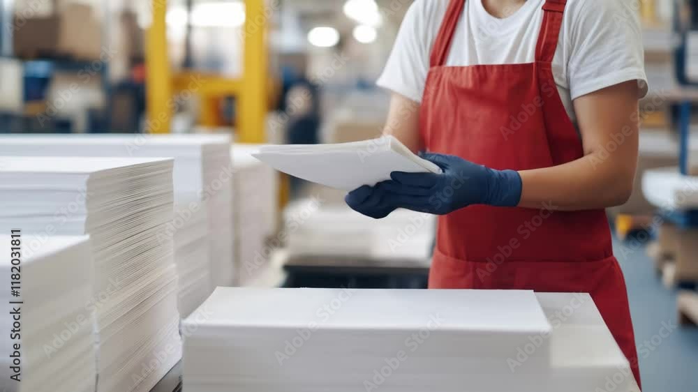 Poster a worker in gloves and an apron efficiently organizes stacks of blank paper in a vibrant printing fa