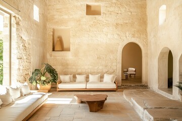 Sunlit stone villa living room, Mediterranean architecture, serene interior design, relaxation