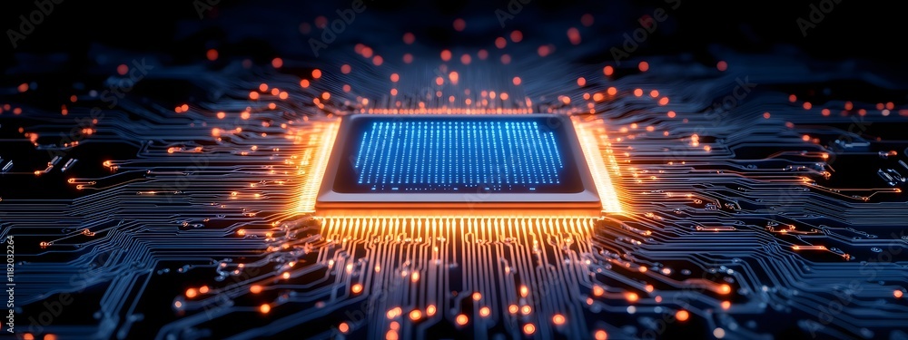 Aufkleber futuristic blue 2048 qbit quantum computer with symmetric neon lit pcb rendering