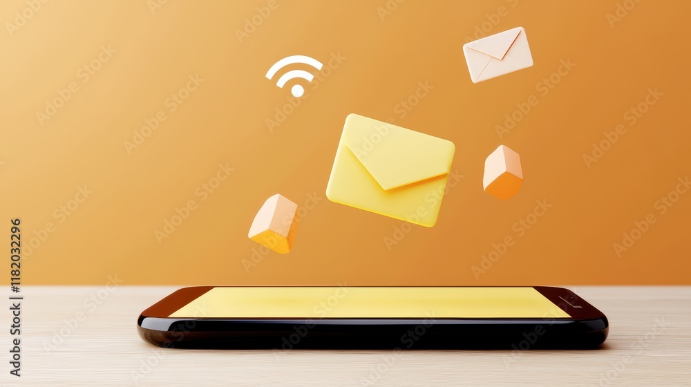 Poster mobile phone with floating email icons and symbols
