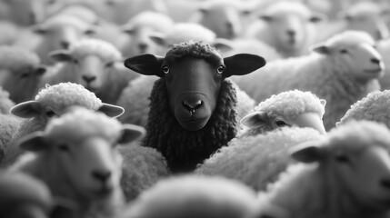 Black sheep standing amid white flock, symbolizing individuality, defiance of conformity