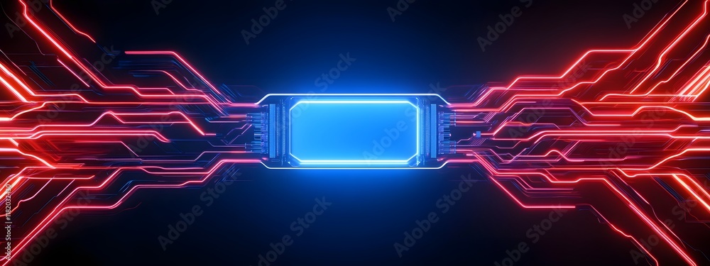 Poster futuristic blue 2048 qbit quantum computer with neon symmetric pcb render