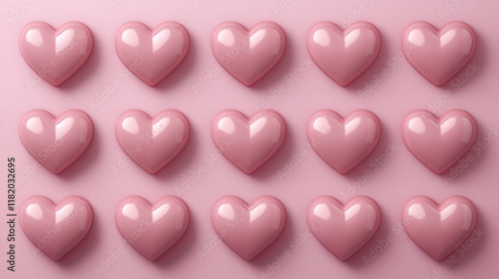 Poster 3d render a visually striking arrangement of glossy pink hearts set against a soft pink background, 