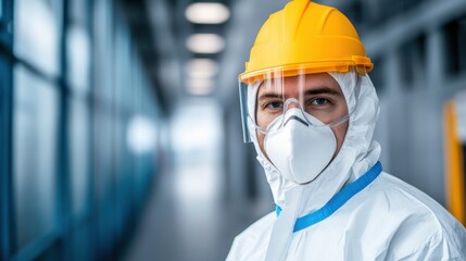 Healthcare Worker in Protective Gear with Face Mask and Safety Helmet in Modern Hospital Environment