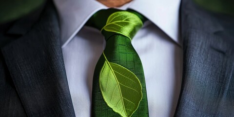 Sustainable Fashion. Stylish tie featuring green leaves against a formal suit background.