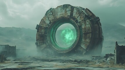 A Colossal Post-Apocalyptic Portal Made from Scrap Metal Radiating Green Energy, Enveloped by a Barren Wasteland and Remnants of Civilization